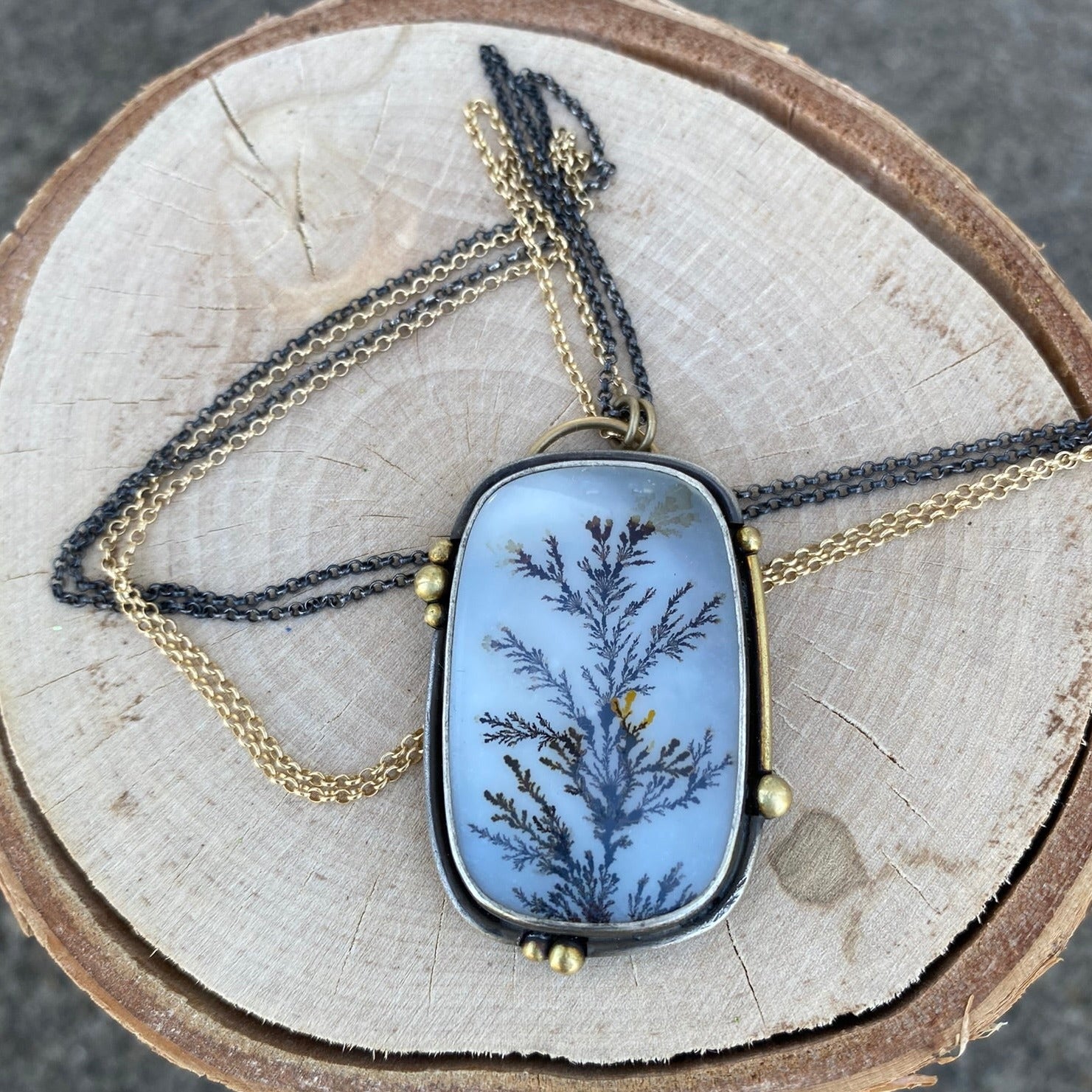 Mixed Metal Dendritic Agate Pendant Necklace