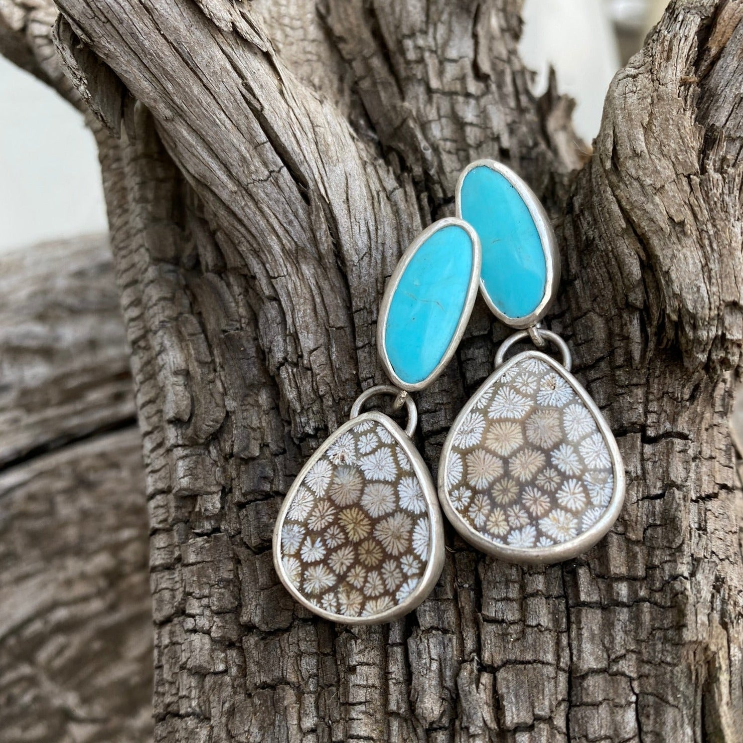Fossil Coral and Turquoise Earrings