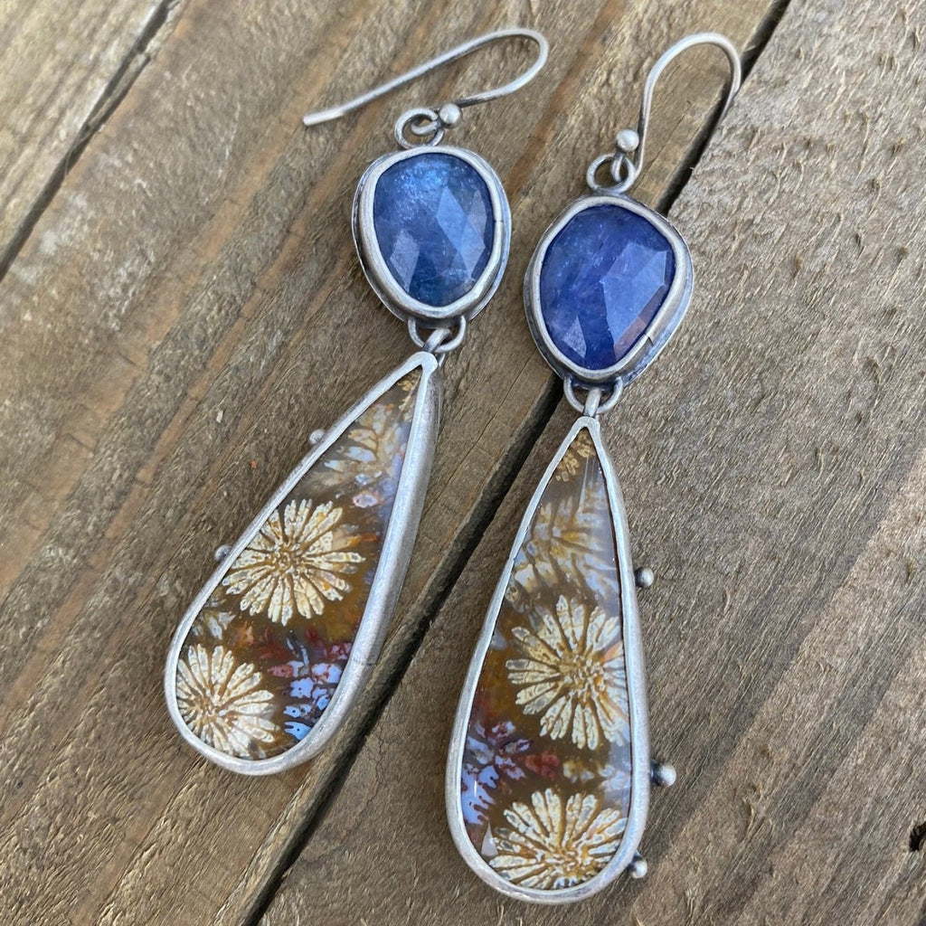 Fossil Coral and Tanzanite Earrings