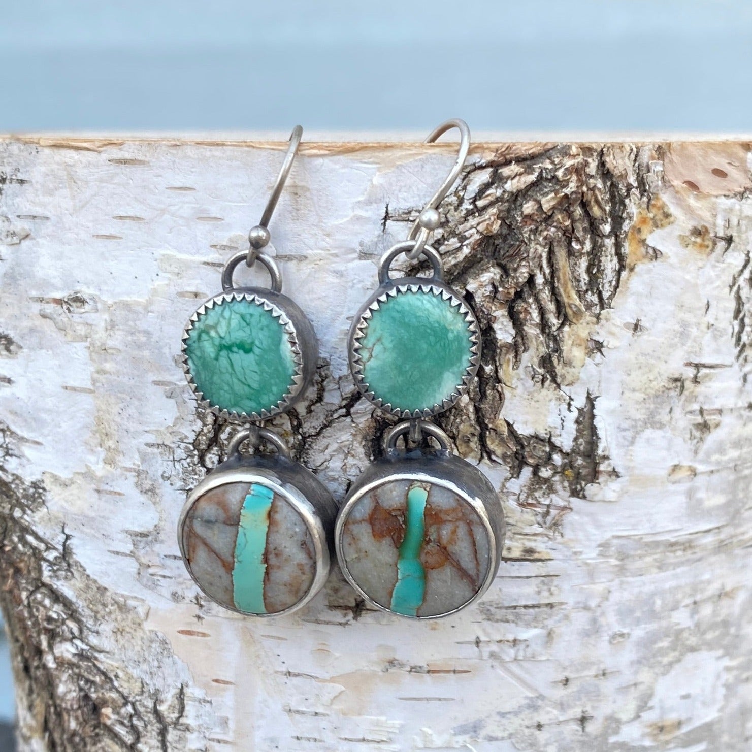 Frog Blossom Variscite and Brannon Blue Ribbon Turquoise Earrings