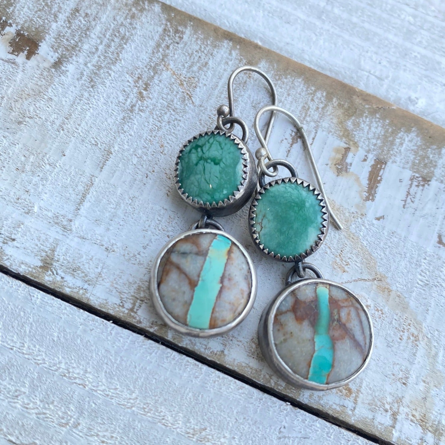 Frog Blossom Variscite and Brannon Blue Ribbon Turquoise Earrings