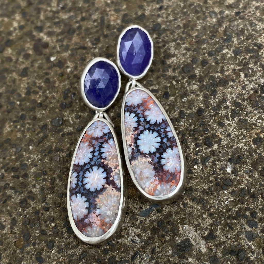 Tanzanite and Fossil Coral Earrings