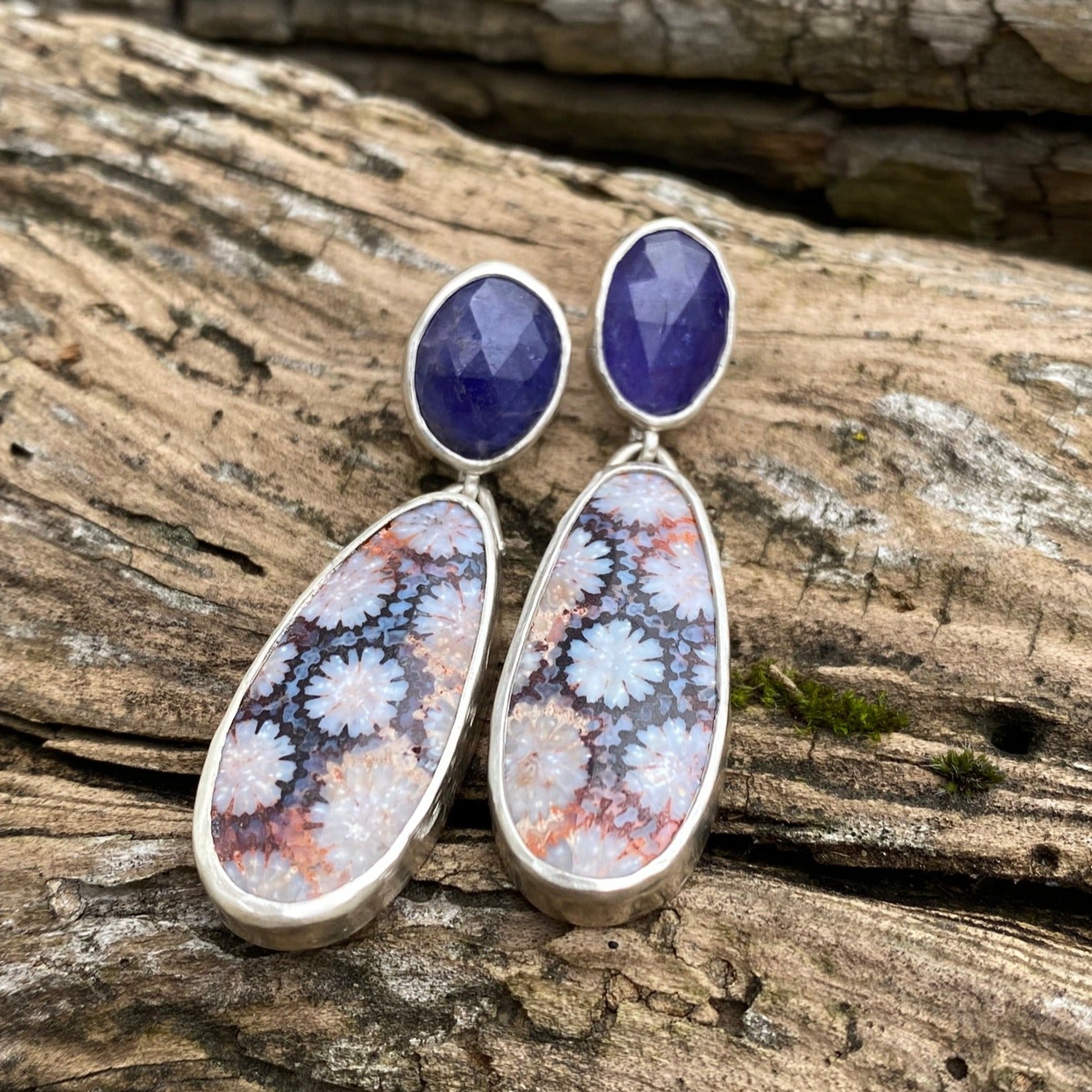 Tanzanite and Fossil Coral Earrings