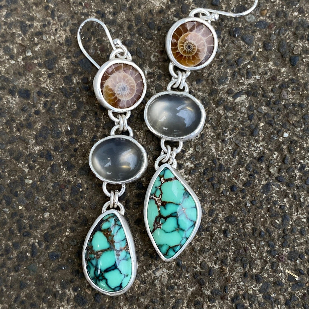 Ammonite, Moonstone and Variscite Earrings