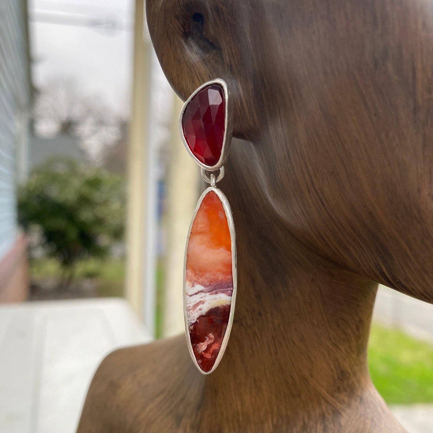 Hessonite Garnet & Indonesian Opal Wood Earrings