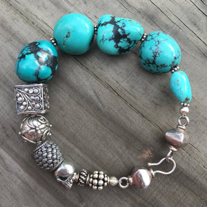 Turquoise Nugget and Bali Silver Beaded Bracelet