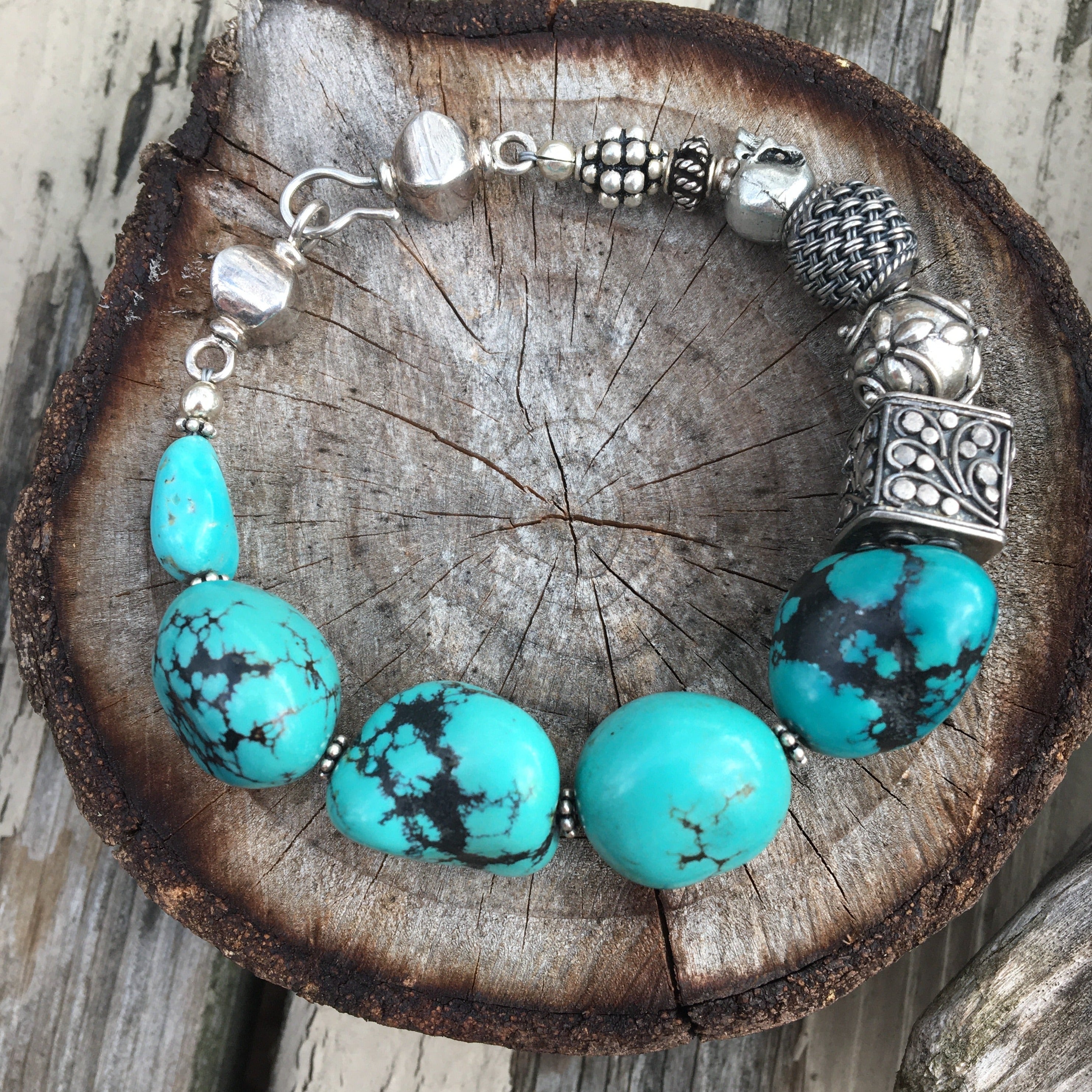 Turquoise Nugget and Bali Silver Beaded Bracelet