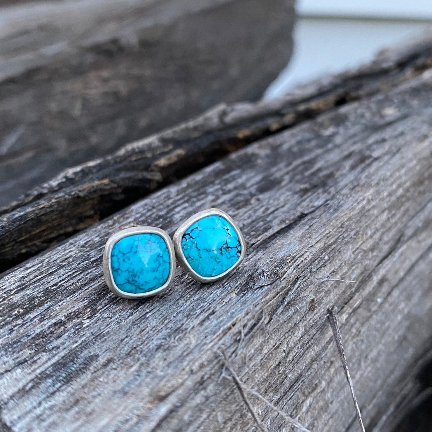 Blue Hubei Turquoise Small Cushion Post Earrings