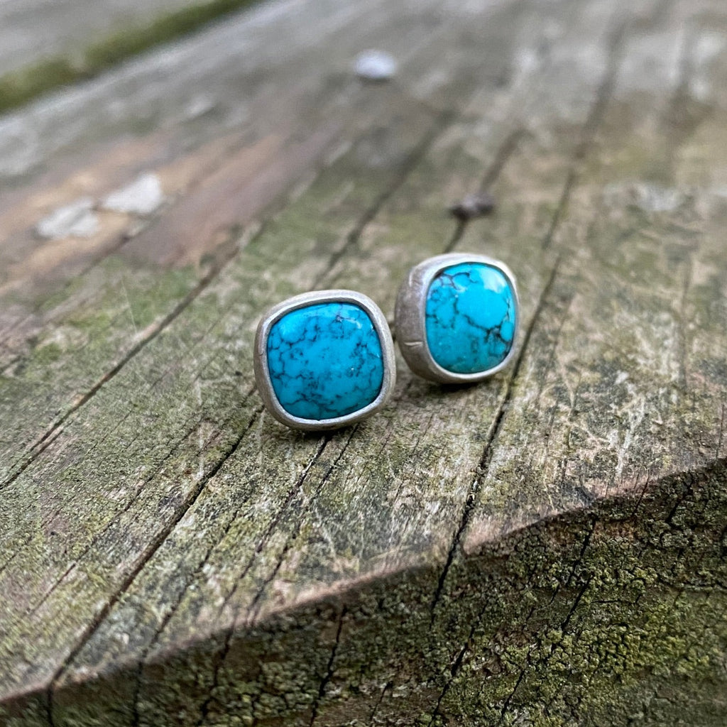 Blue Hubei Turquoise Small Cushion Post Earrings