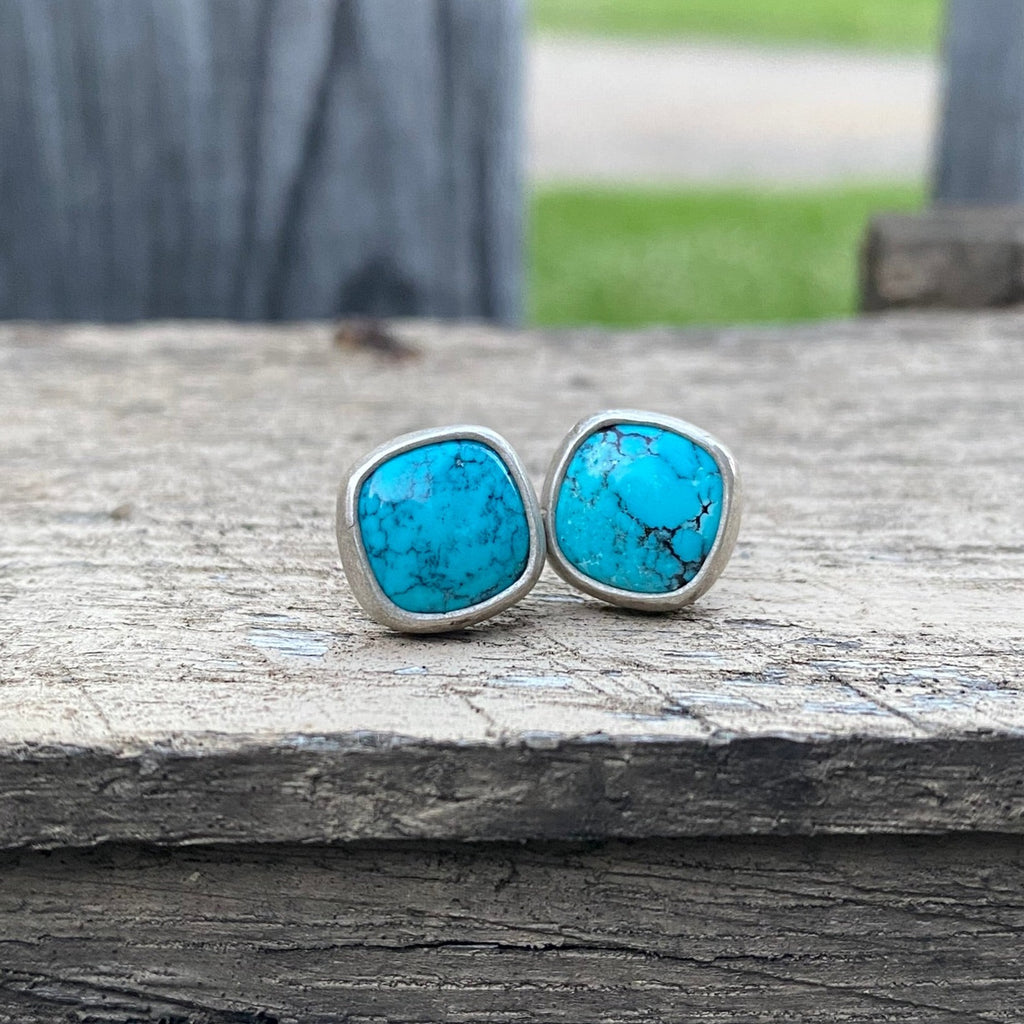 Blue Hubei Turquoise Small Cushion Post Earrings